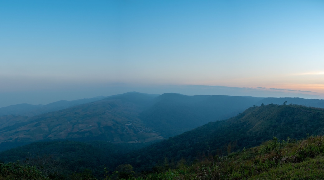Phu Lom Lo mountains and valley, panoramic view, evening light with fog.