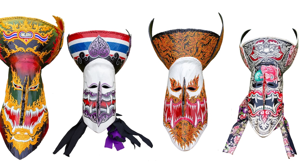 Set of Thailand Ghost Festival masks for the Phi Ta Khon Festival onwhite background
