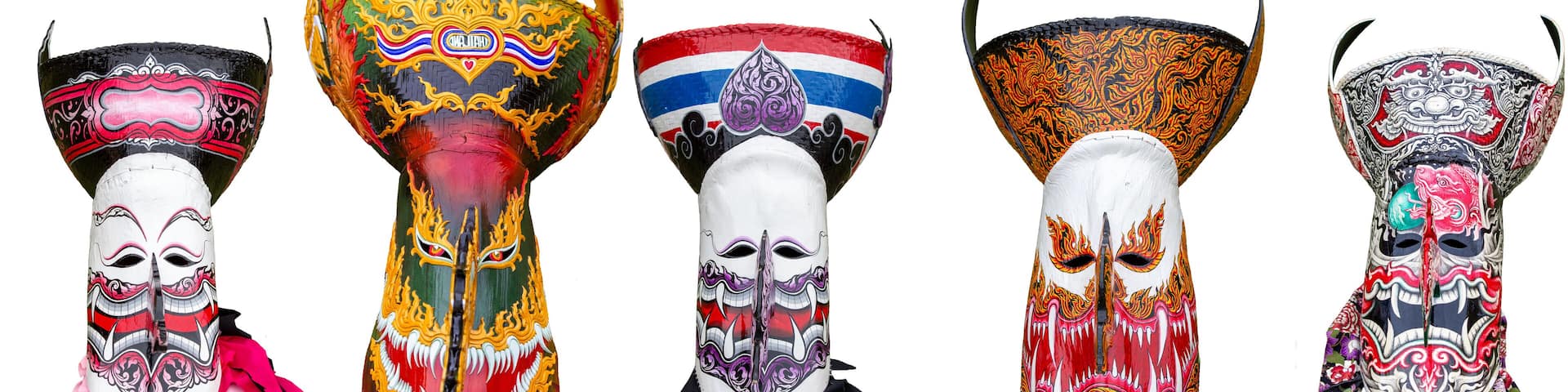 Set of Thailand Ghost Festival masks for the Phi Ta Khon Festival onwhite background