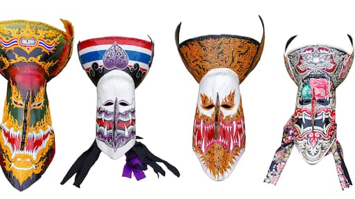 Set of Thailand Ghost Festival masks for the Phi Ta Khon Festival onwhite background