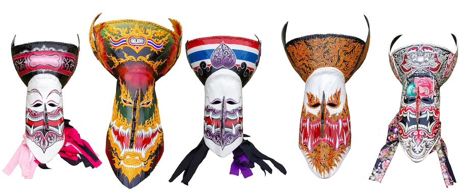 Set of Thailand Ghost Festival masks for the Phi Ta Khon Festival onwhite background