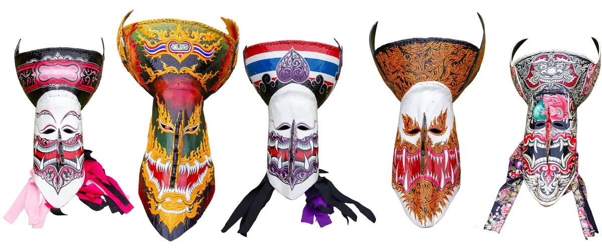 Five intricately designed masks with unique patterns and colors.