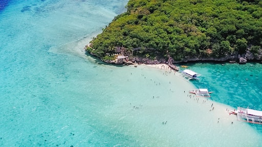 Aerial view of sandy beach with tourists swimming in beautiful clear sea water of the Sumilon island beach landing near Oslob, Cebu, Philippines. - Boost up color Processing. Panoramic banner.