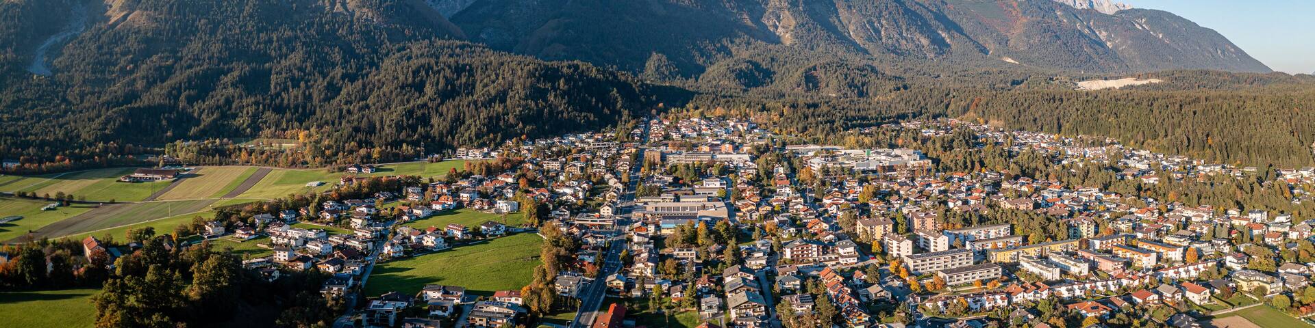 Hall Innsbruck Inn valley. Karwendel Mountains Alps. Aerial Panorama
