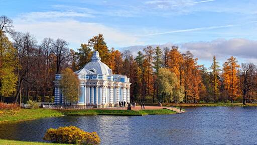 View to the "Grot" pavillion in Catherine garden. Autumn landscape in Pushkin, Russia.
