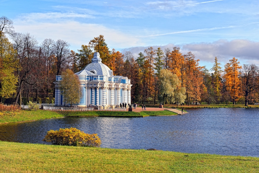 View to the "Grot" pavillion in Catherine garden. Autumn landscape in Pushkin, Russia.