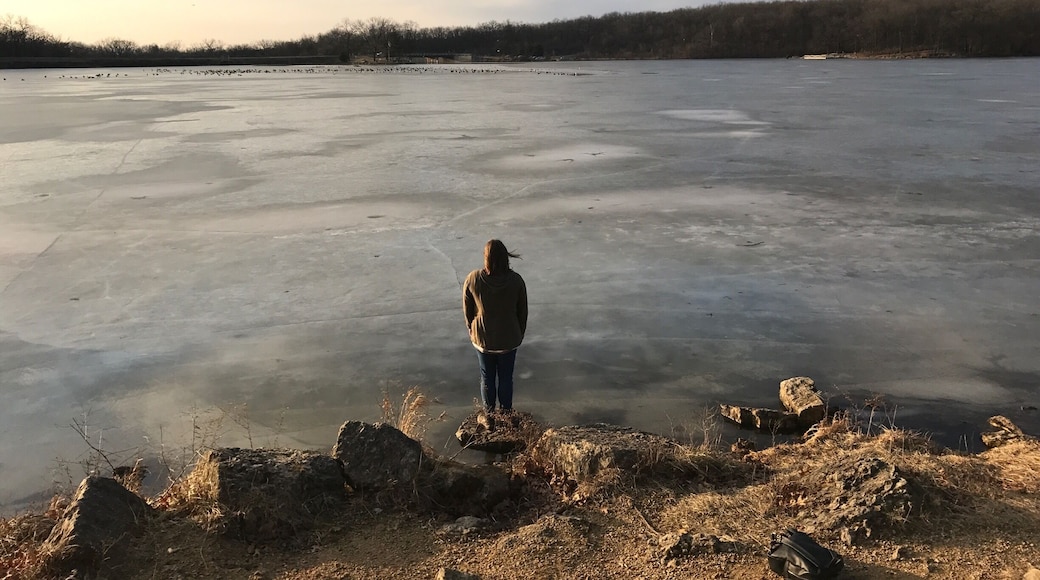 I took this of my Twin sister. I love how the frozen lake looks at this time of day.