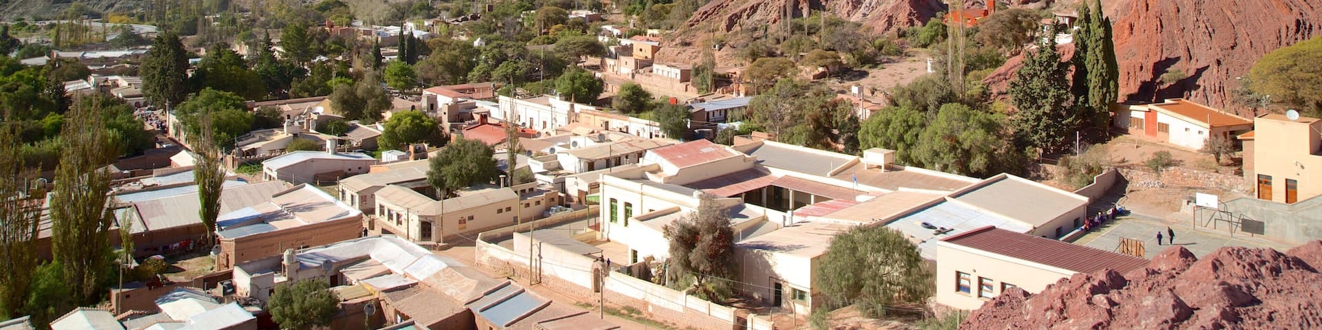 Purmamarca featuring a small town or village, mountains and desert views