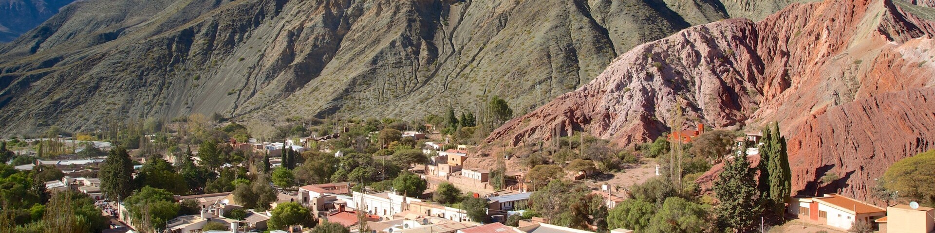 Purmamarca que inclui uma cidade pequena ou vila, paisagens do deserto e montanhas