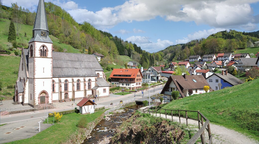 A church with a tall steeple, a small chapel, and a residential area with houses and a stream.