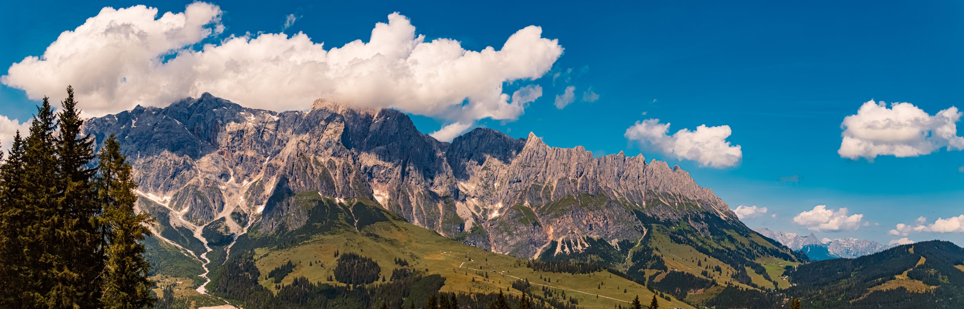 High resolution stitched alpine summer panorama at Karbachalm, Muehlbach at Mount Hochkoenig, St. Johann im Pongau, Salzburg, Austria