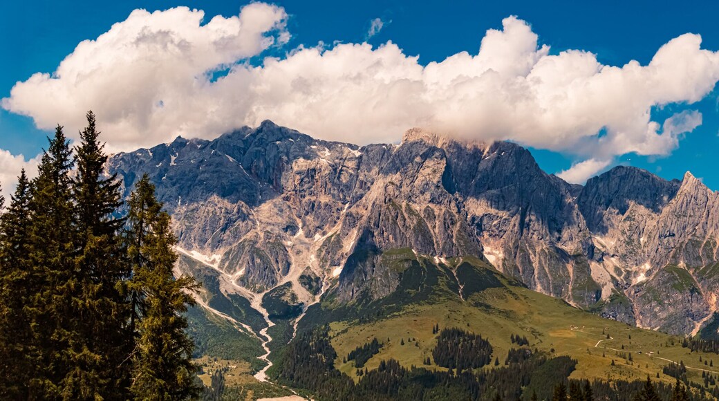 High resolution stitched alpine summer panorama at Karbachalm, Muehlbach at Mount Hochkoenig, St. Johann im Pongau, Salzburg, Austria
