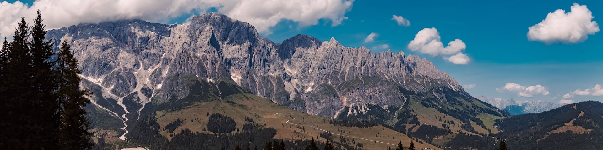 High resolution stitched alpine summer panorama at Karbachalm, Muehlbach at Mount Hochkoenig, St. Johann im Pongau, Salzburg, Austria