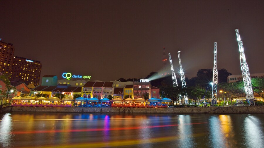 Clarke Quay Mall which includes a bay or harbor, general coastal views and modern architecture
