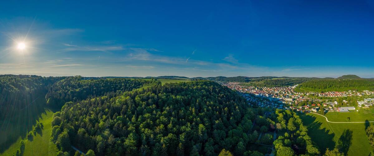 A town nestled in a valley surrounded by dense forests, with a clear sky and sunlight casting shadows.