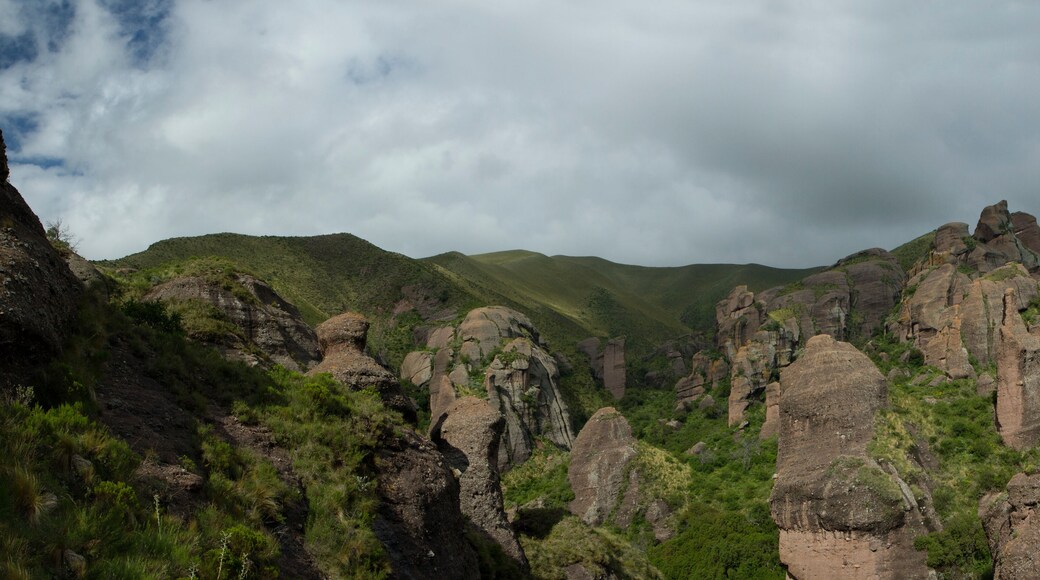 The Moon Valley. Panorama view of the mountains, green forest and rock formations called Los Terrones, in Cordoba, Argentina.