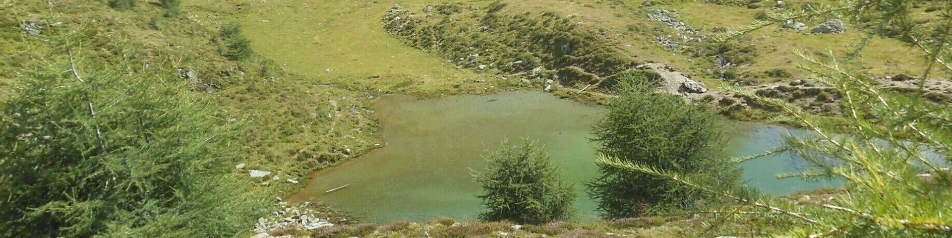 A mountainous landscape with a small pond surrounded by greenery and rocky terrain.