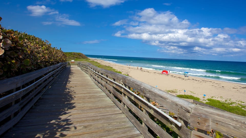 A wooden boardwalk leading to a beach with people and a red tent.
