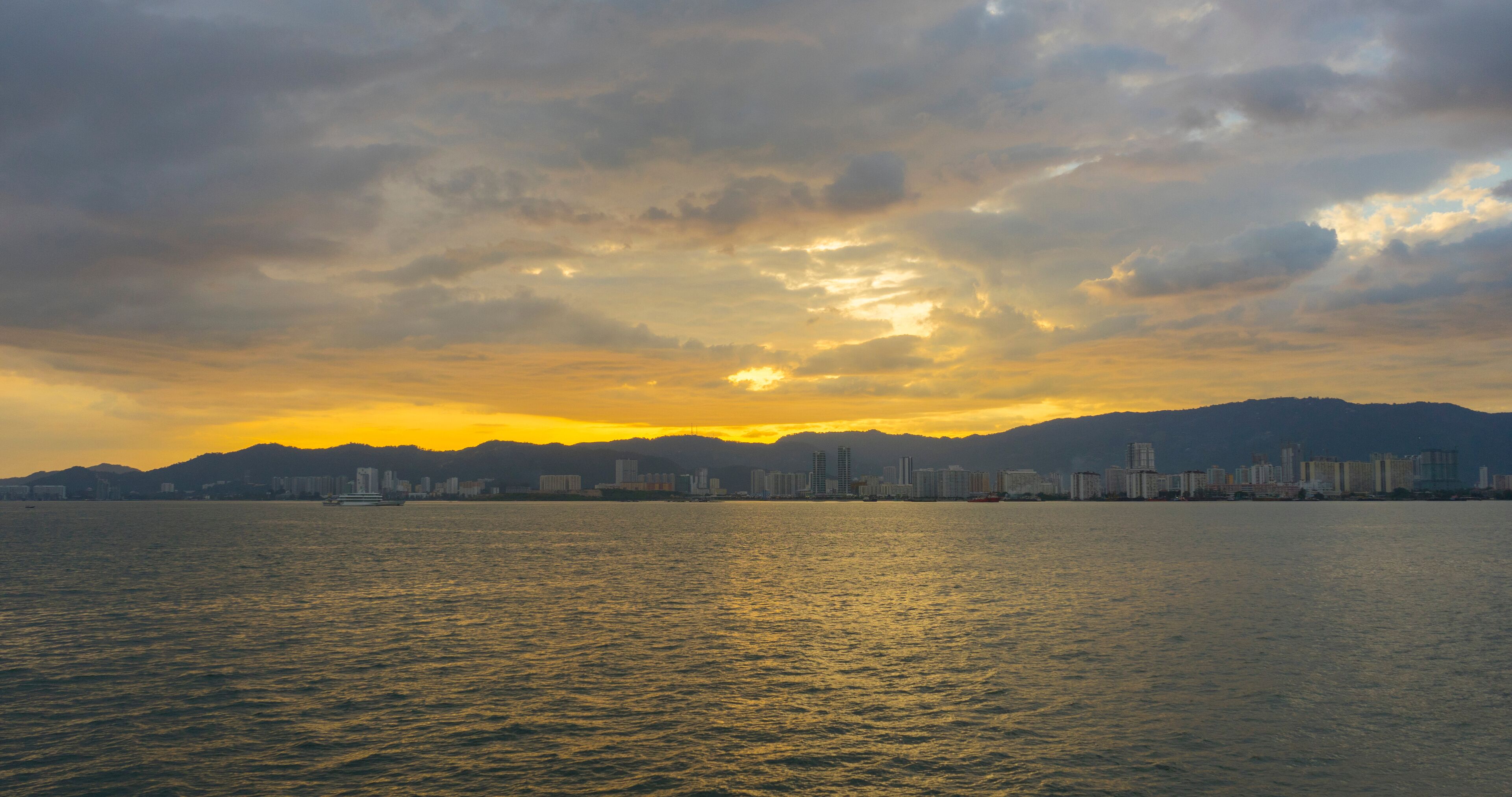 Georgetown cityscape at sunset in Penang, Malaysia.