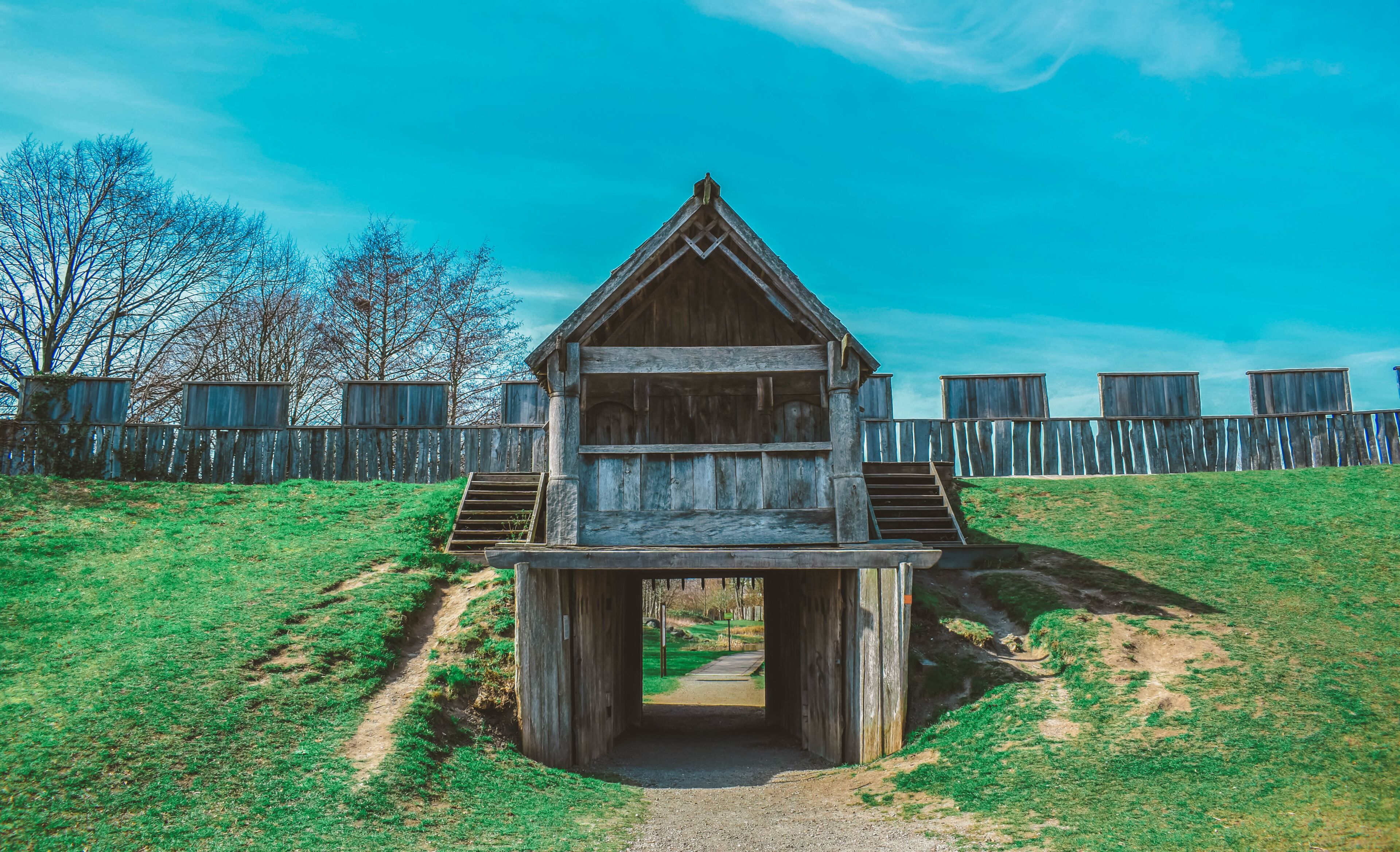 Reconstructed wooden viking fortress Trelleborgen in Trelleborg. Viking old house