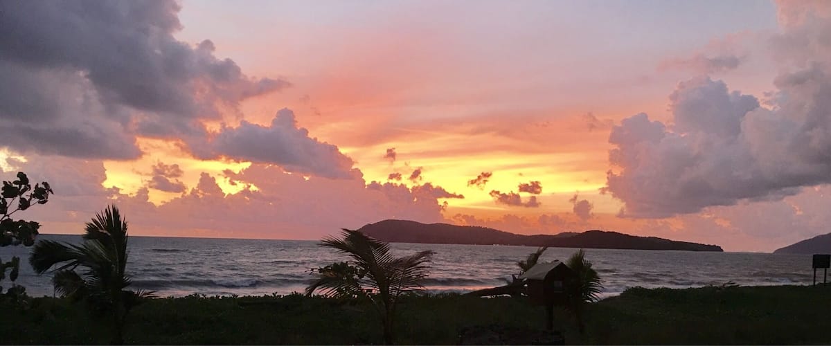A sunset over a beach with palm trees and a distant island.