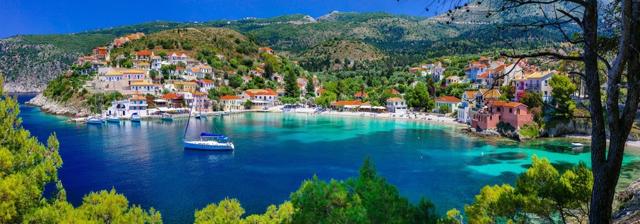 colorful Greece series - colorful Assos with beautiful bay. Kefalonia island