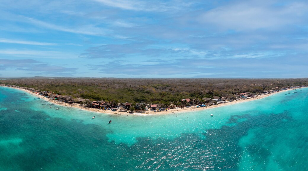 Aerial panorama view of Playa Blanca Isla Baru white sand beach turquoise blue ocean water Cartagena Colombia South America
