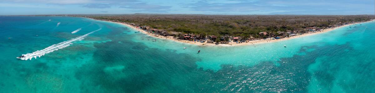 Aerial panorama view of Playa Blanca Isla Baru white sand beach turquoise blue ocean water Cartagena Colombia South America