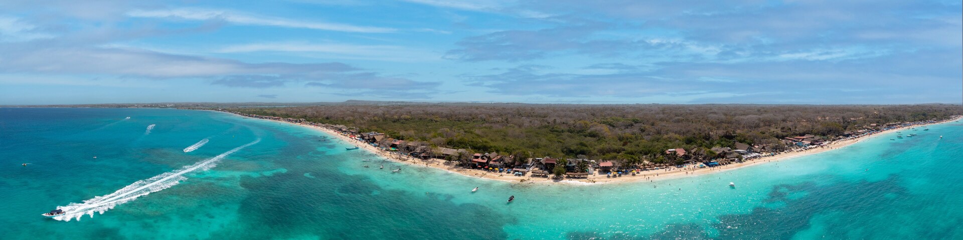 Aerial panorama view of Playa Blanca Isla Baru white sand beach turquoise blue ocean water Cartagena Colombia South America