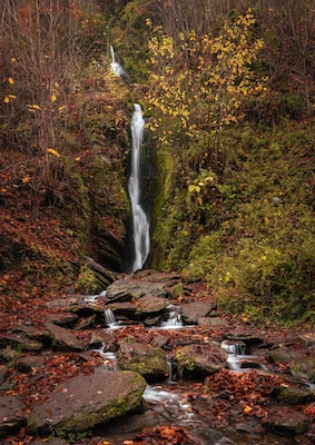 A waterfall cascading over rocks in a forested area with autumn foliage.