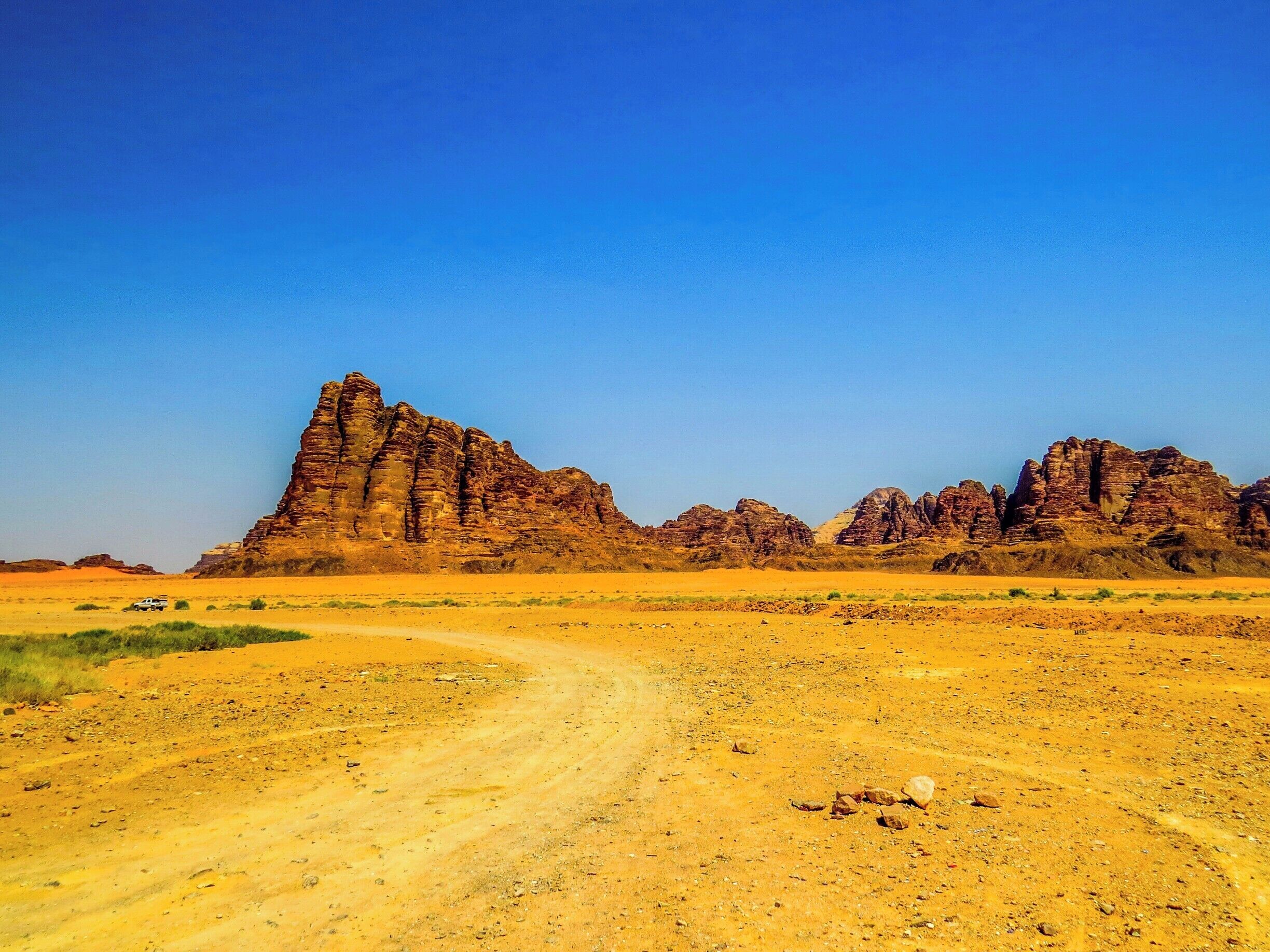 The Seven Pillars of Wisdom rock formation in Wadi Rum, Jordan.