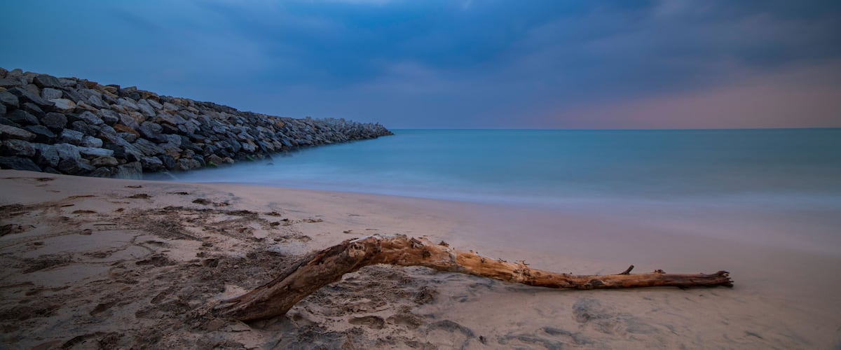 A calm beach with a driftwood log, a rocky breakwater, and a serene ocean.