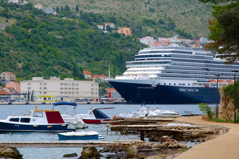Una nave da crociera chiamata Nieuw Amsterdam attraccata in un porto, con imbarcazioni più piccole e una collina sullo sfondo con case.