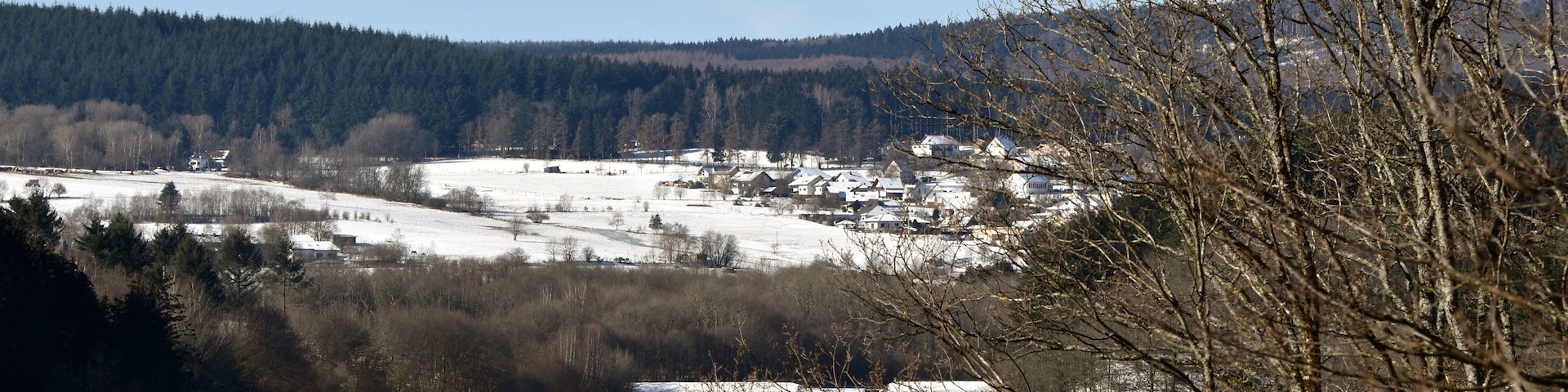 A frozen river with houses and trees in a snowy landscape.