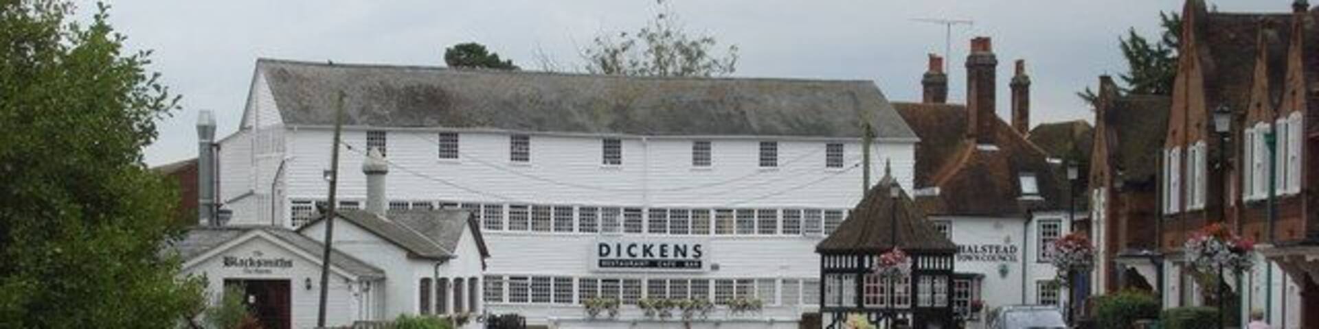 A canal with a duck swimming, a white building with 'DICKENS' on it, and a row of flowers along the canal's edge.