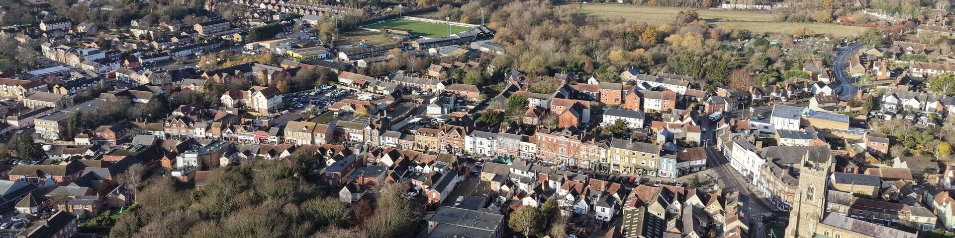 High Street Halstead Town Centre Essex UK drone,aerial high angle
