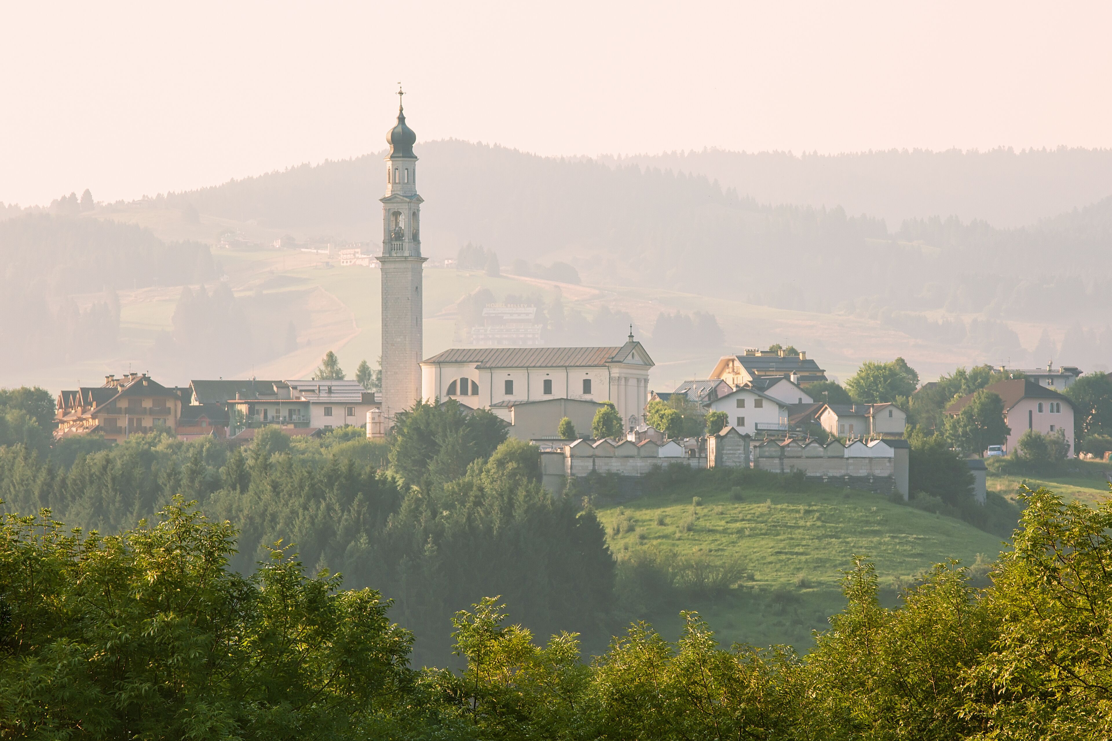 Panoramic view to the small town with church in Veneto region, Italy