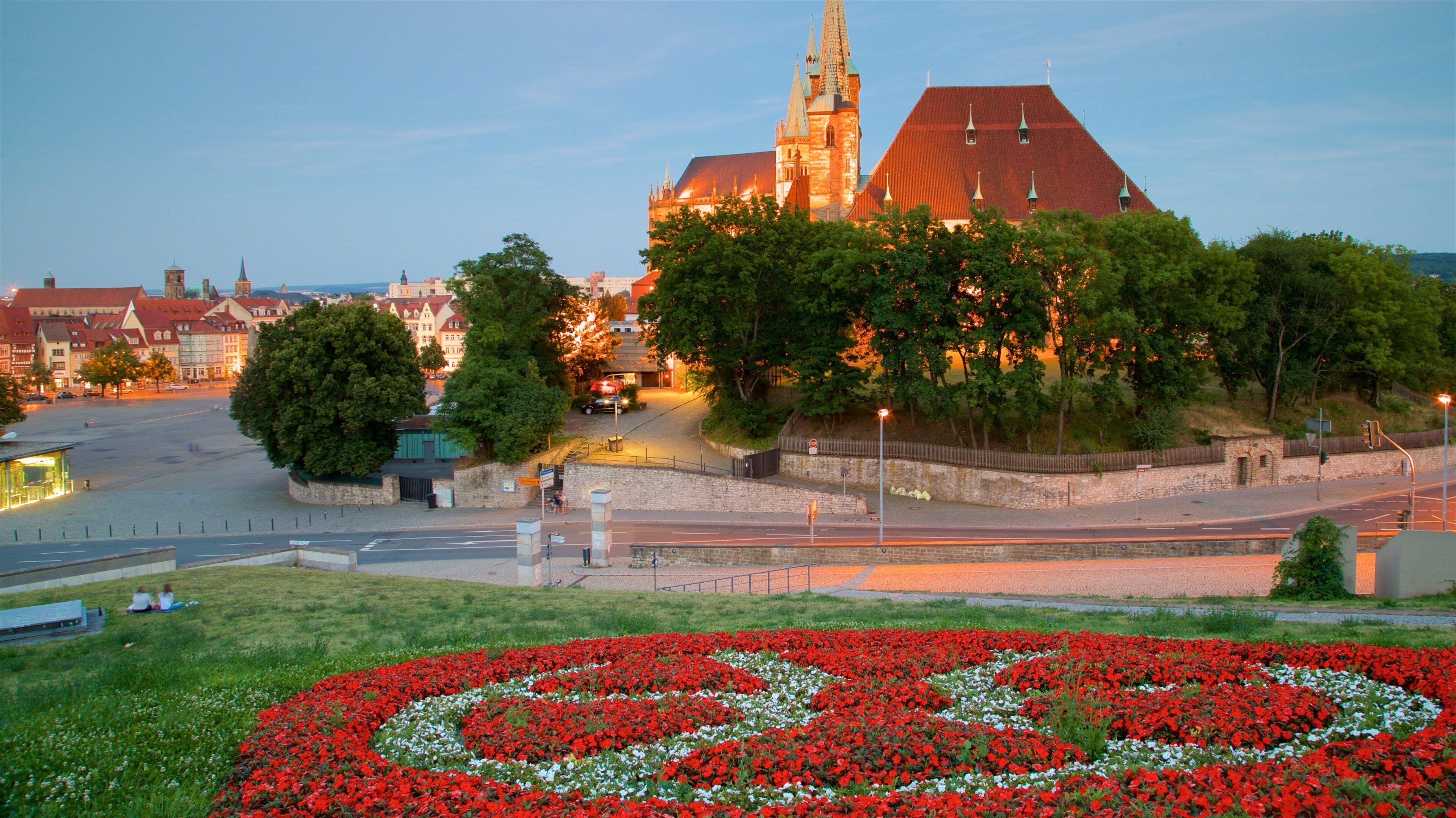 Une vue urbaine avec une église imposante et une composition florale au premier plan.