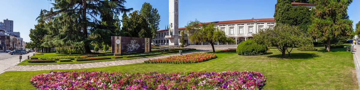 Panorama of the City Hall building (left) and Tribunal (right) of Vila Nova de Famalicao city. Braga, Portugal.