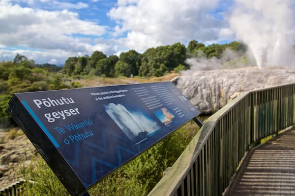 Ein Schild mit Informationen über den Pohutu-Geysir, ein hölzerner Steg und ein Geysir mit Dampf.