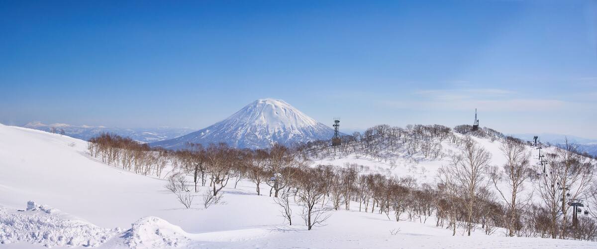 A snow-covered mountain with a ski lift and trees.
