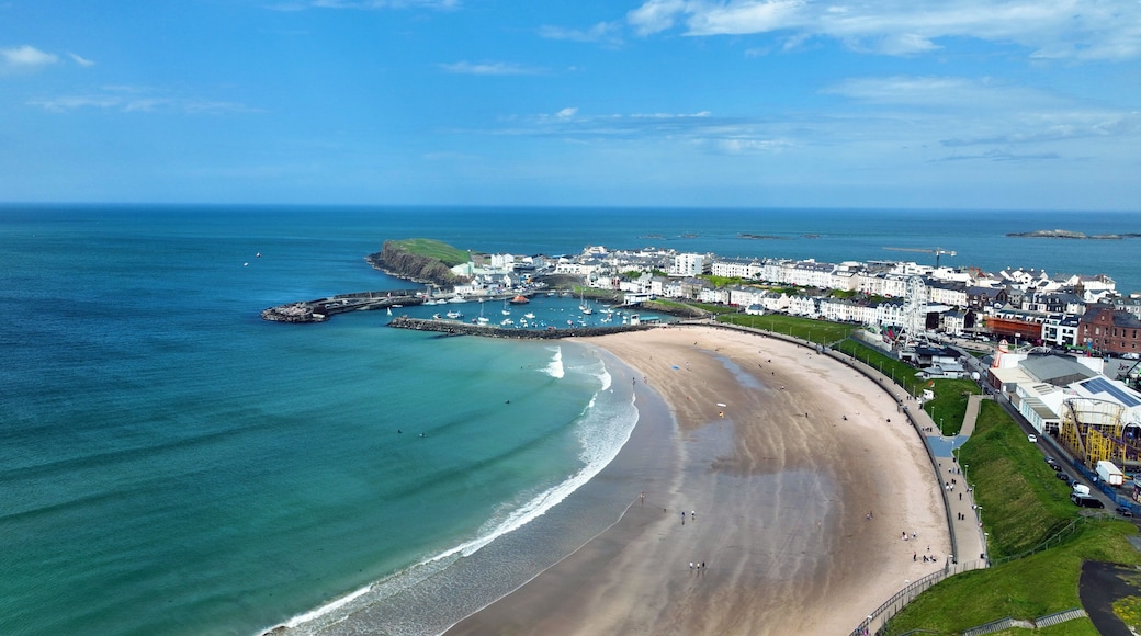 Aerial photo of Portrush Beach Atlantic Ocean North Coast County Antrim Northern Ireland by drone