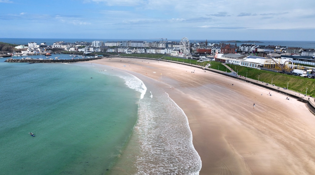 Aerial photo of Portrush Beach Atlantic Ocean North Coast County Antrim Northern Ireland by drone