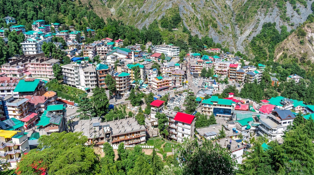 McLeodganj, Dharamshala - Aerial view of McLeodganj of Himachal Pradesh surrounded by cedar forests and Dhauladhar mountain range