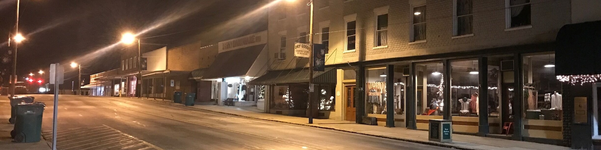 Madison Dry Good at night in downtown Madison, NC