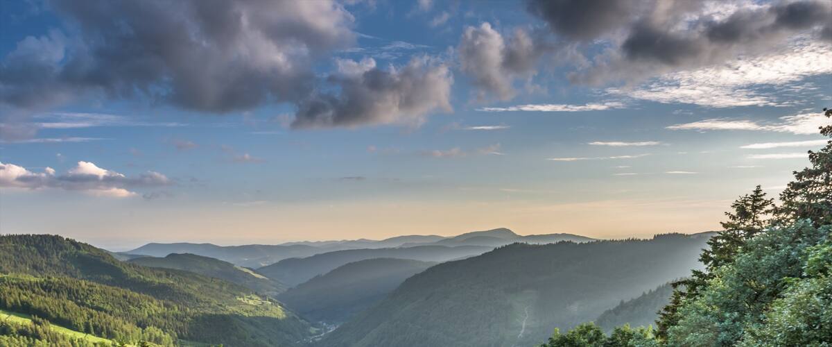A mountainous landscape with dense forests and a winding road.