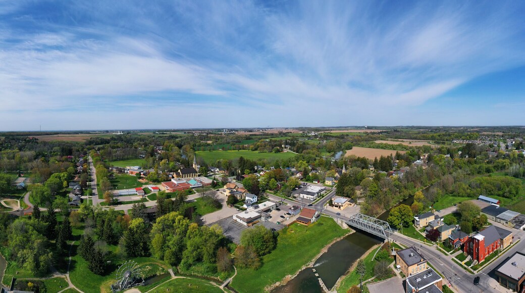 Aerial panorama view of downtown New Hamburg, Ontario, Canada