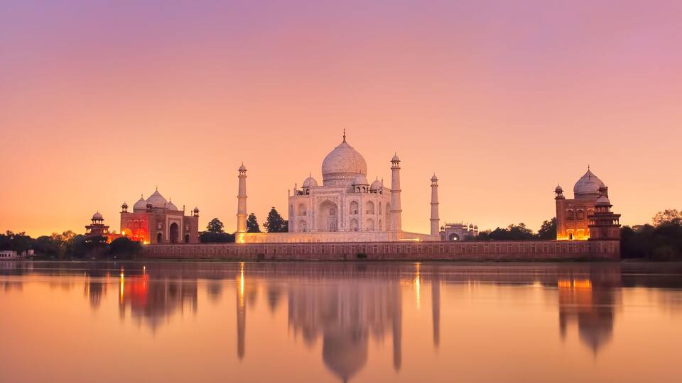 Taj Mahal in Agra, India on sunset