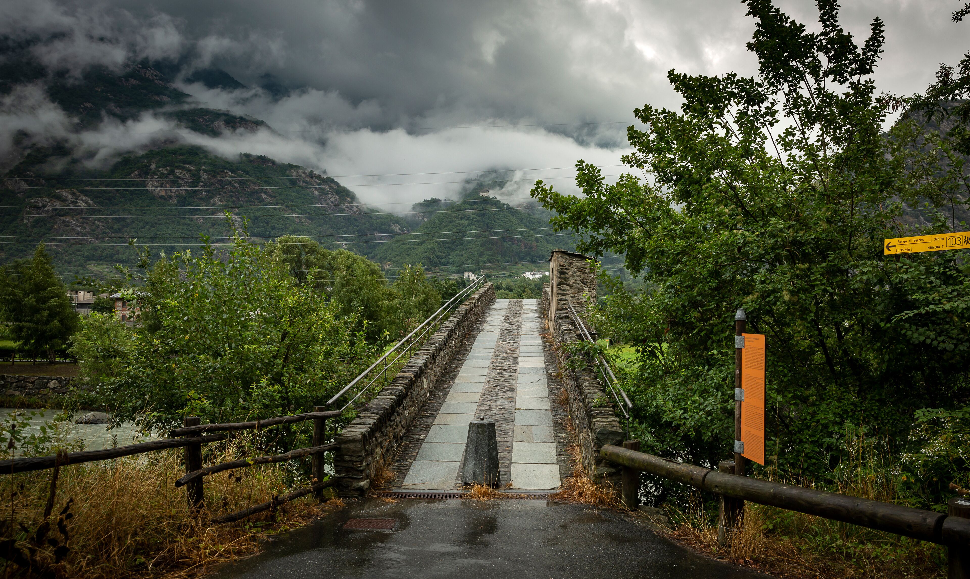 medieval bridge of Echallod over Dora Baltea river, municipality of Arnad, Aosta Valley, Italy	