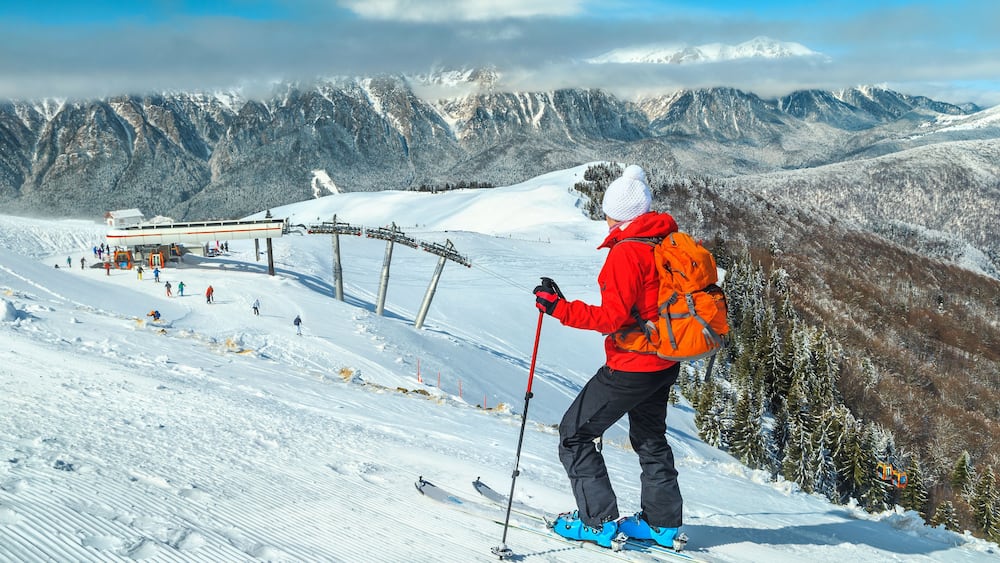 Wonderful ski resort with skiers, Prahova valley, Carpathians, Azuga, Romania